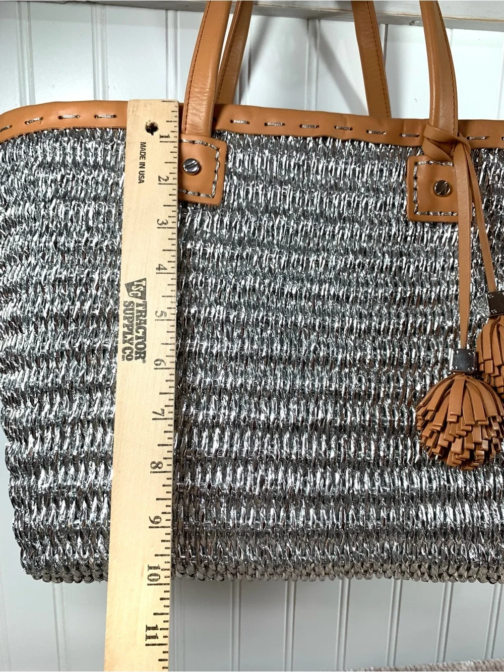 Tory Burch Woven Metallic Tote with Tan Leather Trim Beautiful NWOT